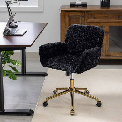 Elegant Black Upholstered Office Chair with Golden Metal Base, Adjustable Swivel Design, Ideal for Home and Vanity Use