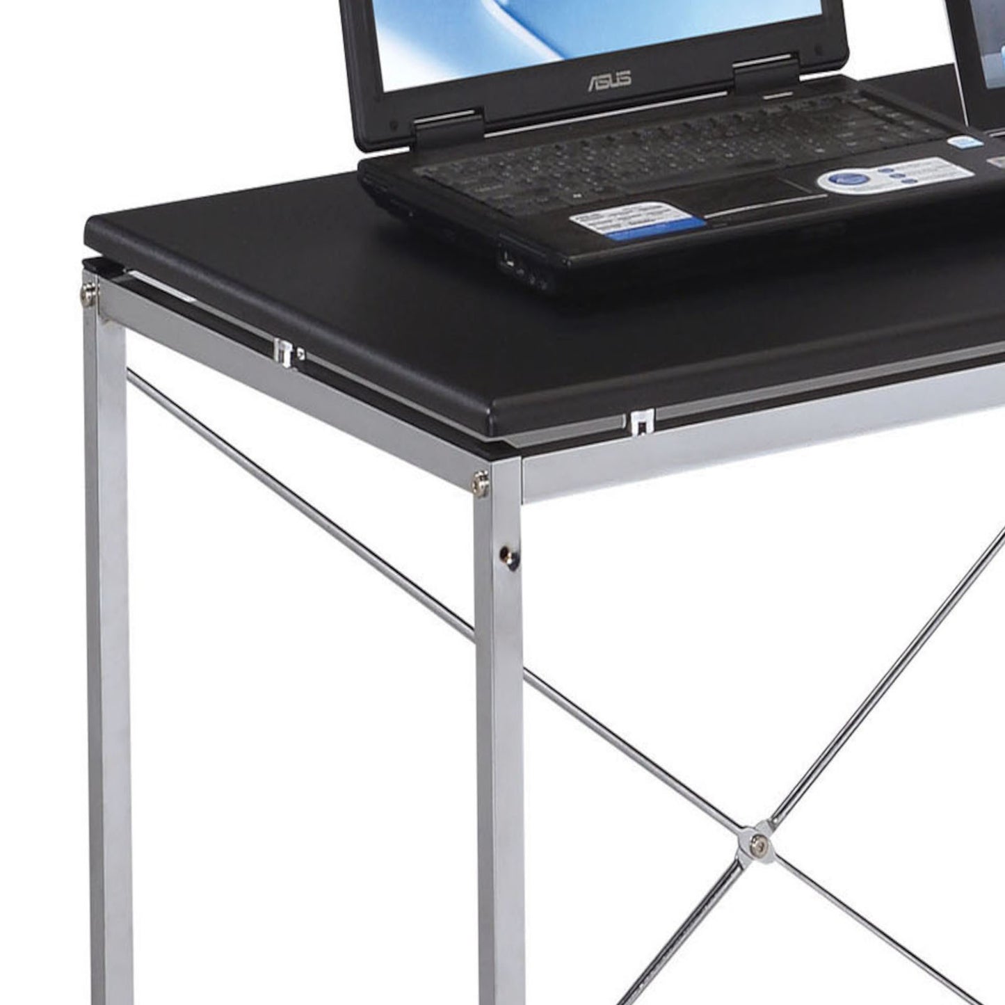 Modern Black & Chrome Industrial Writing Desk with Open Shelving