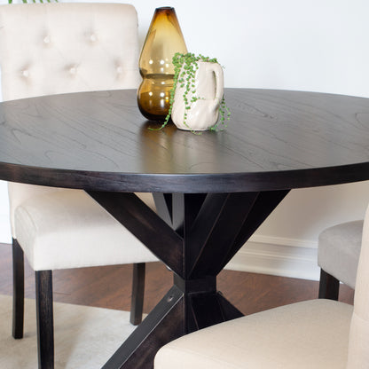 Round Cross Buck Dining Table With Four Modern Chairs Set