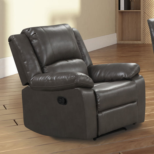 Transitional Glider Recliner with Pillow-Top Arms, 38W x 37.5D x 39H, Leatherette & Wood Living Room Gray