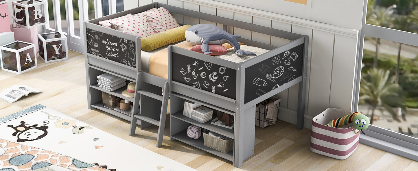 Twin Size Low Loft Bed with Creative Chalkboard Guardrails and Adjustable Storage Shelves, Gray