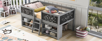 Twin Size Low Loft Bed with Creative Chalkboard Guardrails and Adjustable Storage Shelves, Gray