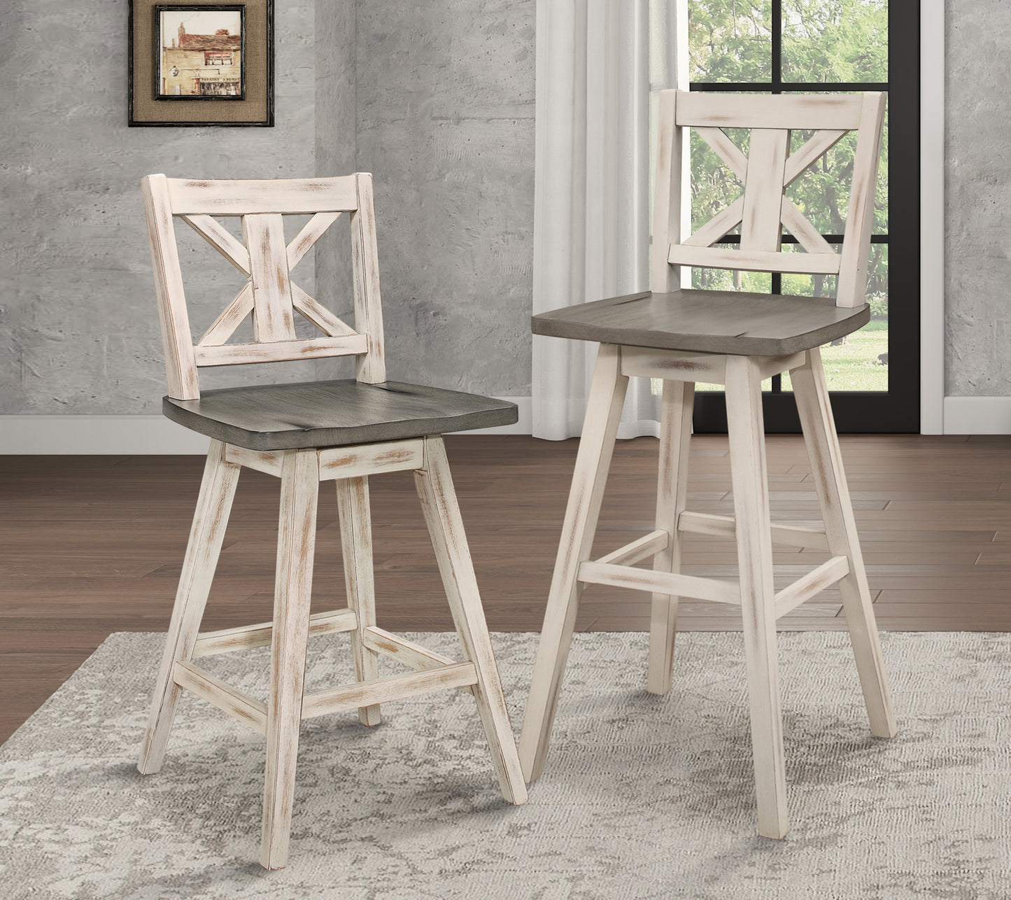 Counter Height Chairs Set of 2, White Gray 360-degree Swivel Chair Solid Rubberwood Kitchen Dining Furniture, X-Back