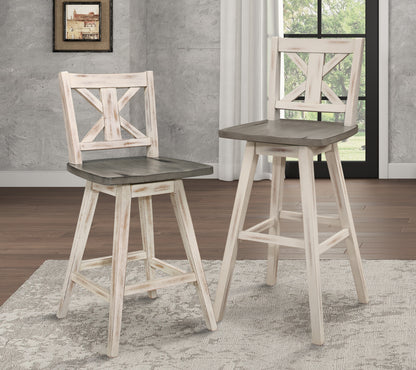 Counter Height Chairs Set of 2, White Gray 360-degree Swivel Chair Solid Rubberwood Kitchen Dining Furniture, X-Back