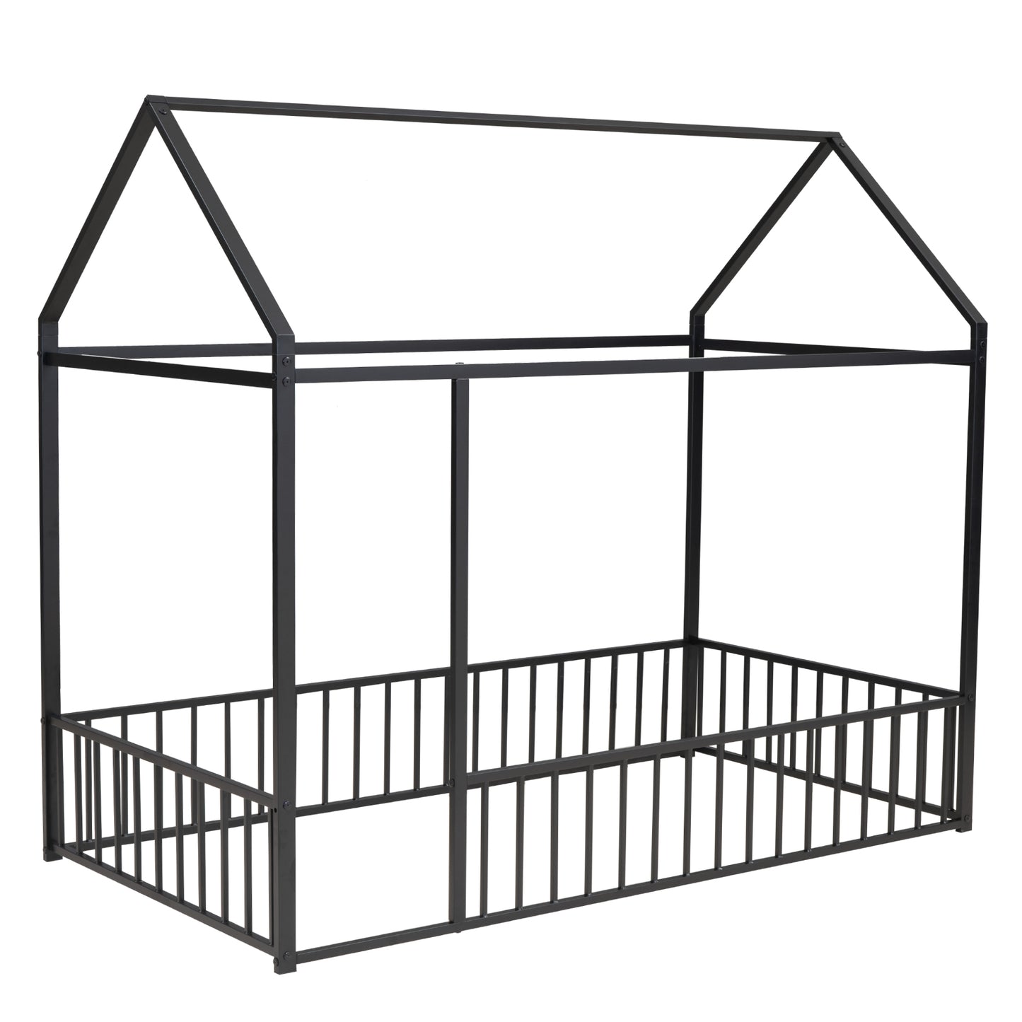Twin Size Black Metal House Bed Frame with Playful Roof and Fence for Kids and Teens