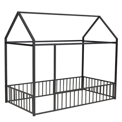 Twin Size Black Metal House Bed Frame with Playful Roof and Fence for Kids and Teens