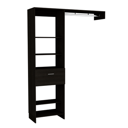 Manchester 150 Modern Closet Organizer with Metal Rod, Open Shelving, and Drawer - Black