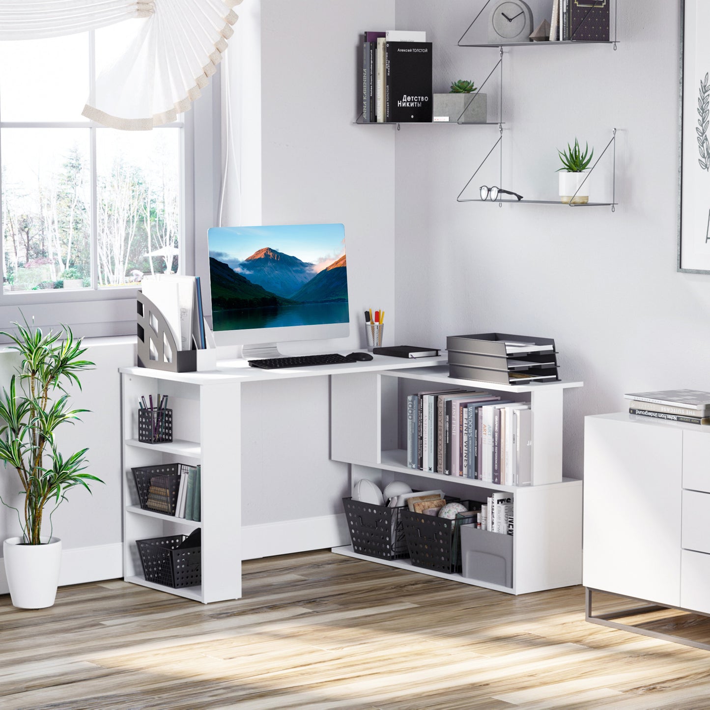 Modern L-Shaped Home Office Desk with 360-Degree Rotation and Storage Shelves, White Writing Table Workstation