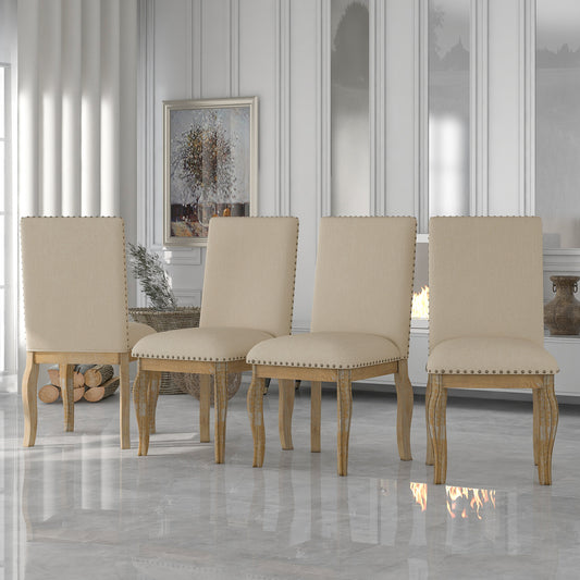 Set of 4 Solid Wood Dining Chairs with Upholstered Fabric, Nailhead, 250 LB Capacity, Natural Wood Wash