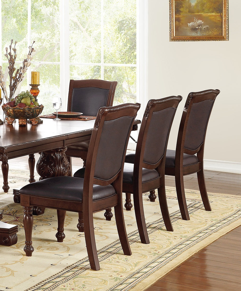Formal Dining Side Chairs, Set of 2, Rubberwood with Wood Veneer, PU Upholstered Seats, Carved Dark Brown