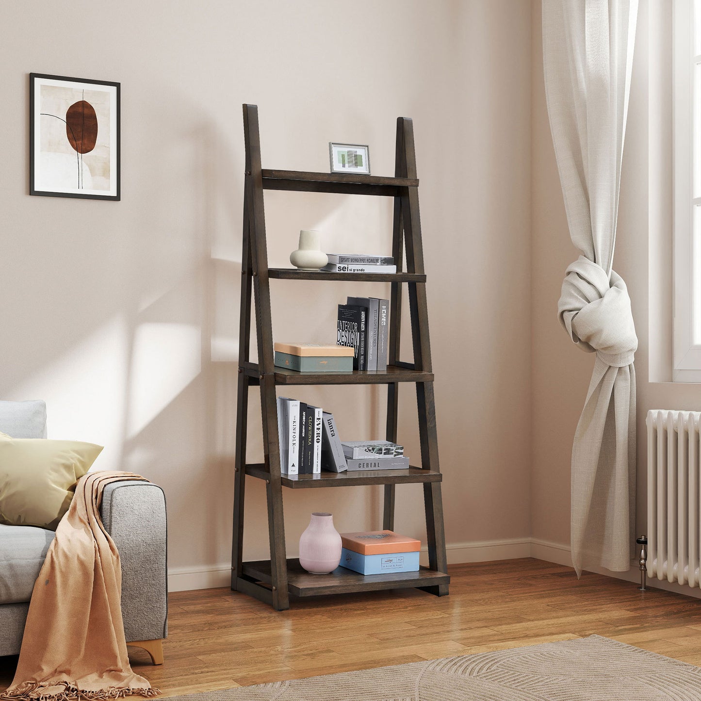 Rustic Brown 5-Tier Ladder Shelf - Solid Wood Bookshelf & Storage Rack for Home and Office
