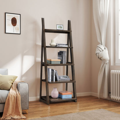 Rustic Brown 5-Tier Ladder Shelf - Solid Wood Bookshelf & Storage Rack for Home and Office