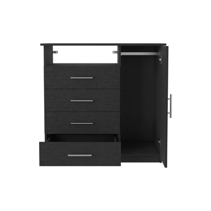 Sleek Black 4 Drawer Dresser with Open Shelf and Cabinet Storage