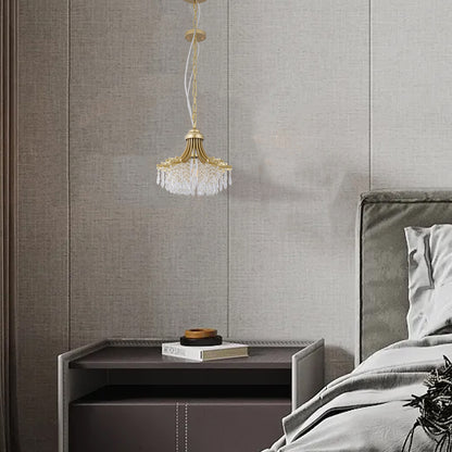 11.75-Inch Pendant Light, 1-Bulb, Fan-Shape Glass Bead Shade, Metal Chandelier, Dimmable, 10-Inch, Gold