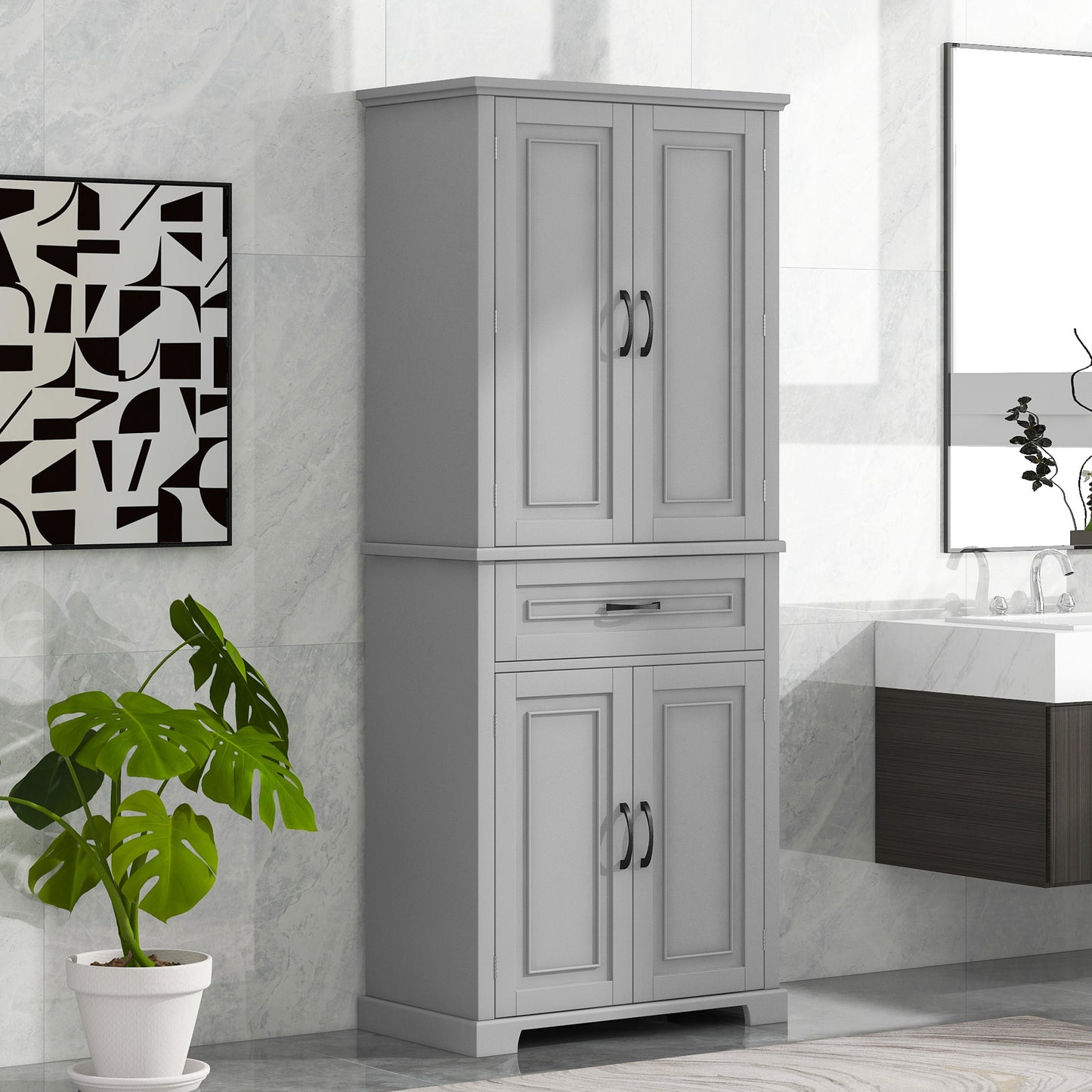 Tall Grey MDF Bathroom Storage Cabinet with Adjustable Shelf and Multiple Storage Solutions