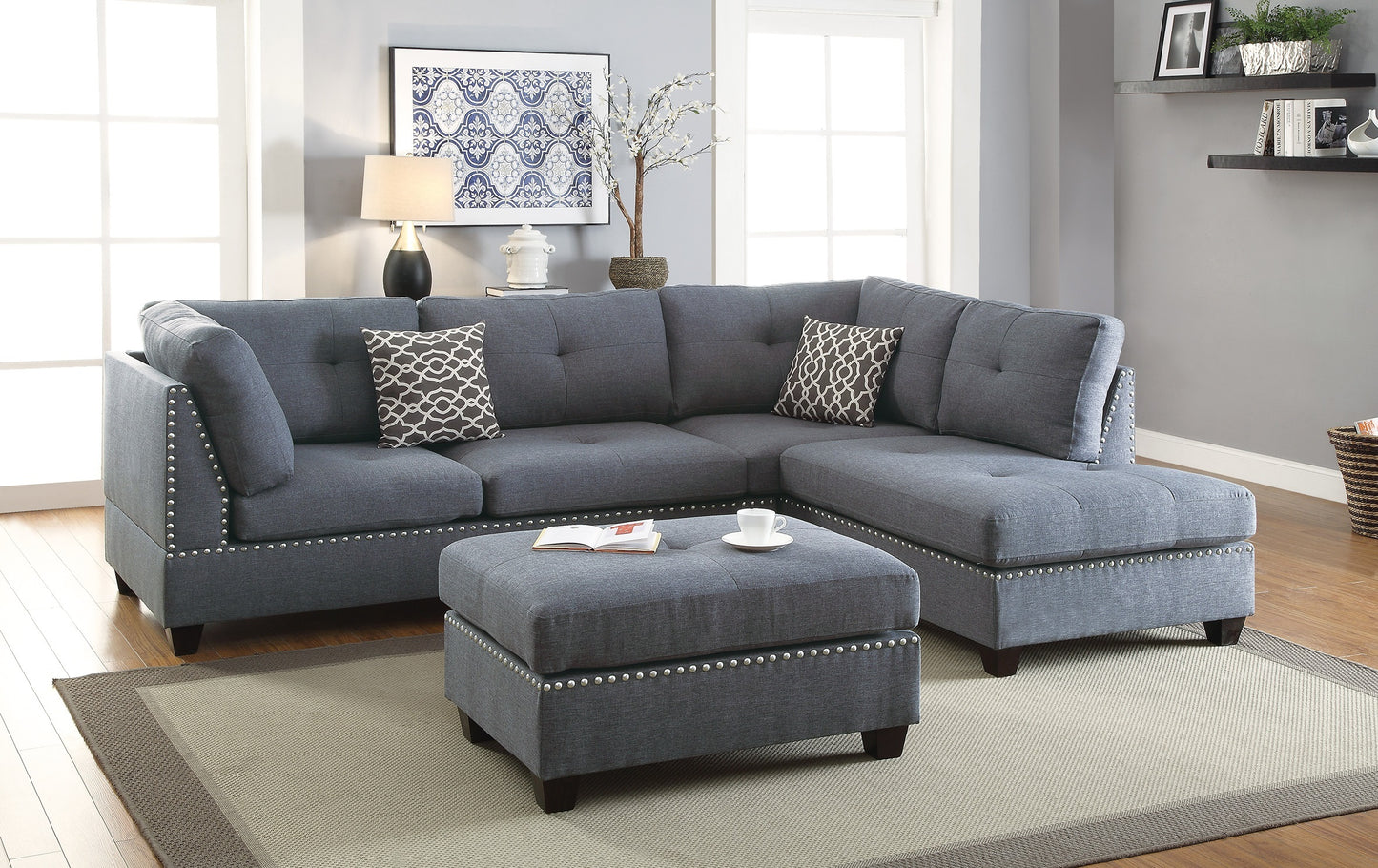 L-Shaped Sectional Sofa with Reversible Chaise and Ottoman, 5-Seater Polyfiber Wood Legs Light Grey-Blue