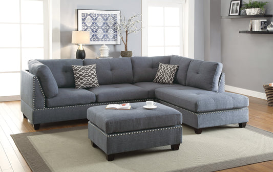 L-Shaped Sectional Sofa with Reversible Chaise and Ottoman, 5-Seater Polyfiber Wood Legs Light Grey-Blue