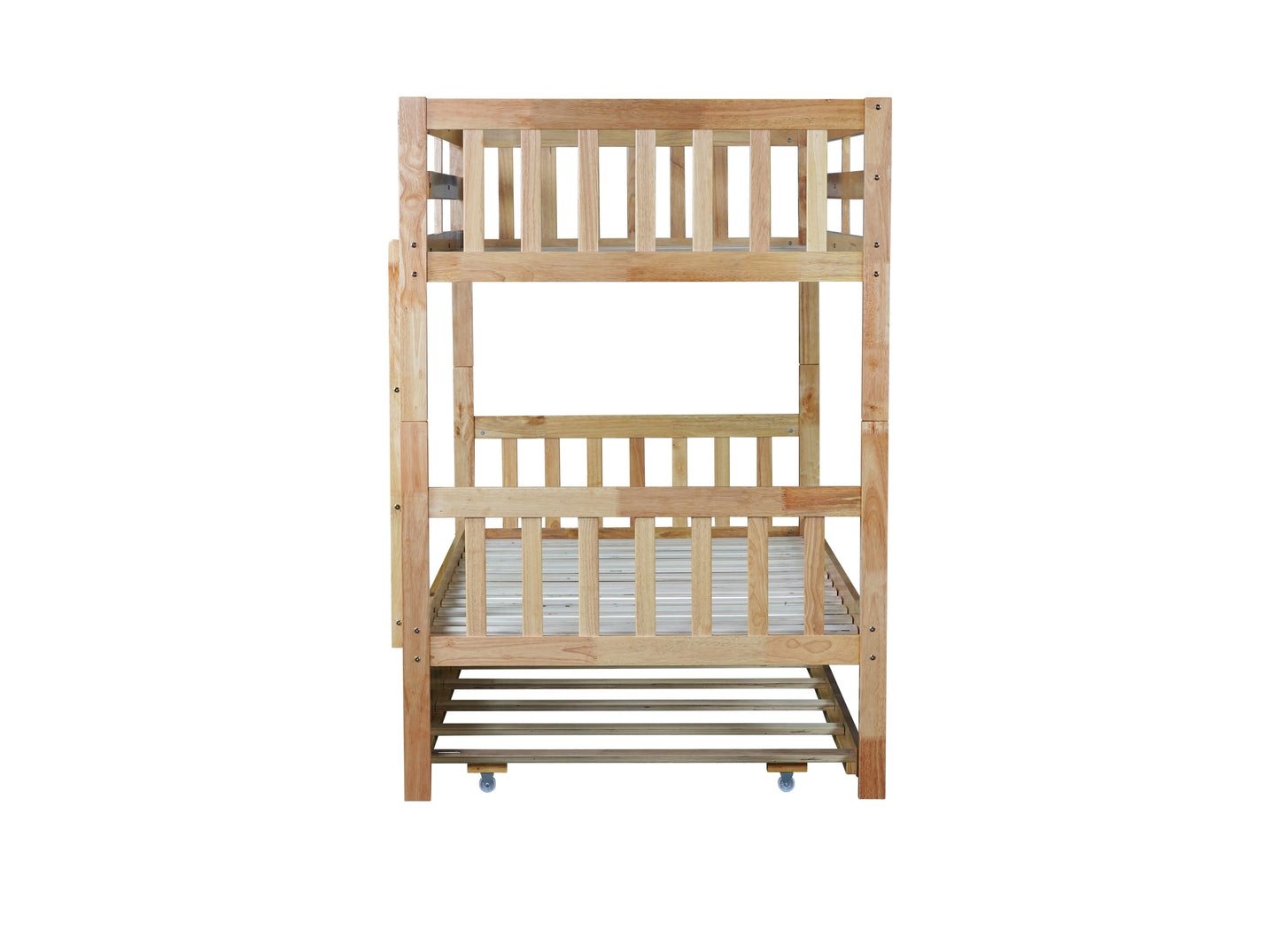 Convertible Twin Over Twin Bunk Bed with Trundle, Rubber Wood Design, Ladder & Safety Guardrails, Natural Finish