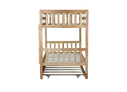 Convertible Twin Over Twin Bunk Bed with Trundle, Rubber Wood Design, Ladder & Safety Guardrails, Natural Finish