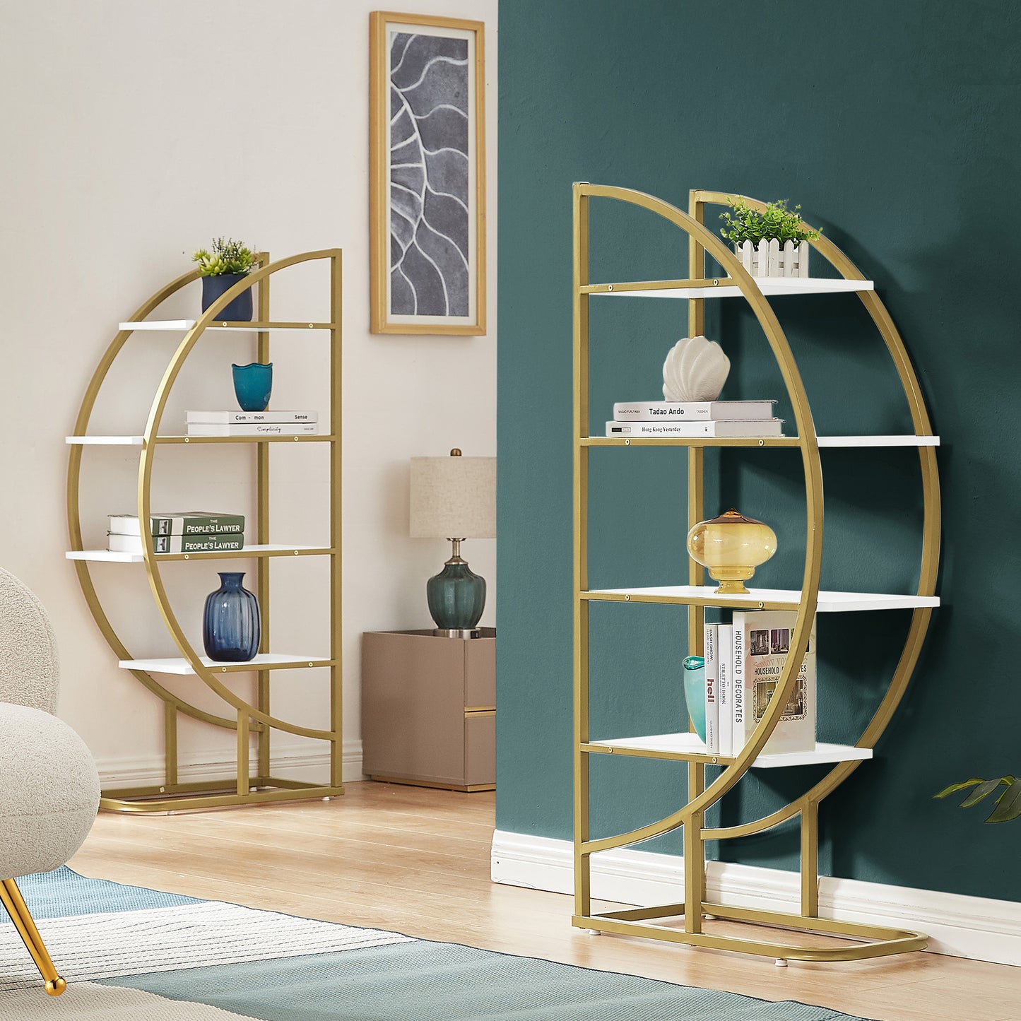 Modern 4-Tier Round Open Bookshelf with Gold Metal Frame and Adjustable Placement Options