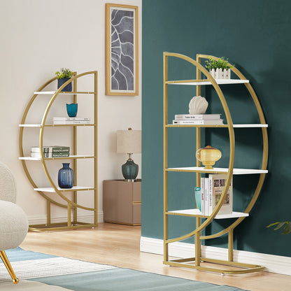 Modern 4-Tier Round Open Bookshelf with Gold Metal Frame and Adjustable Placement Options