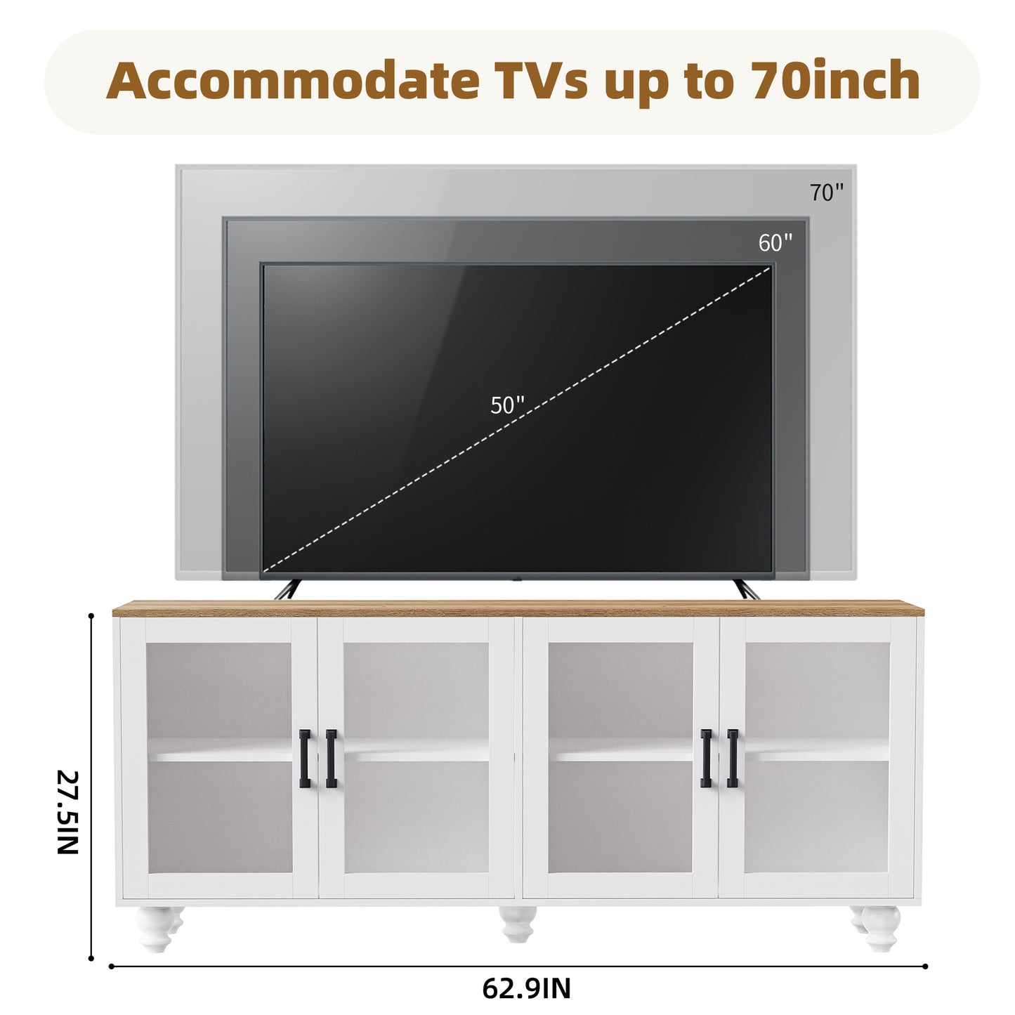 ON-TREND Farmhouse TV Stand with Tempered Glass Doors for TVs Up to 70", Versatile Sideboard with Adjustable Shelves, Elegant Buffet Cabinet with 5 Solid Wood Gourd-Shaped Legs for Living Room, White
