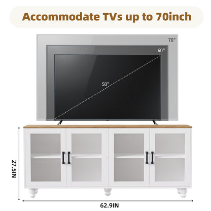 ON-TREND Farmhouse TV Stand with Tempered Glass Doors for TVs Up to 70", Versatile Sideboard with Adjustable Shelves, Elegant Buffet Cabinet with 5 Solid Wood Gourd-Shaped Legs for Living Room, White
