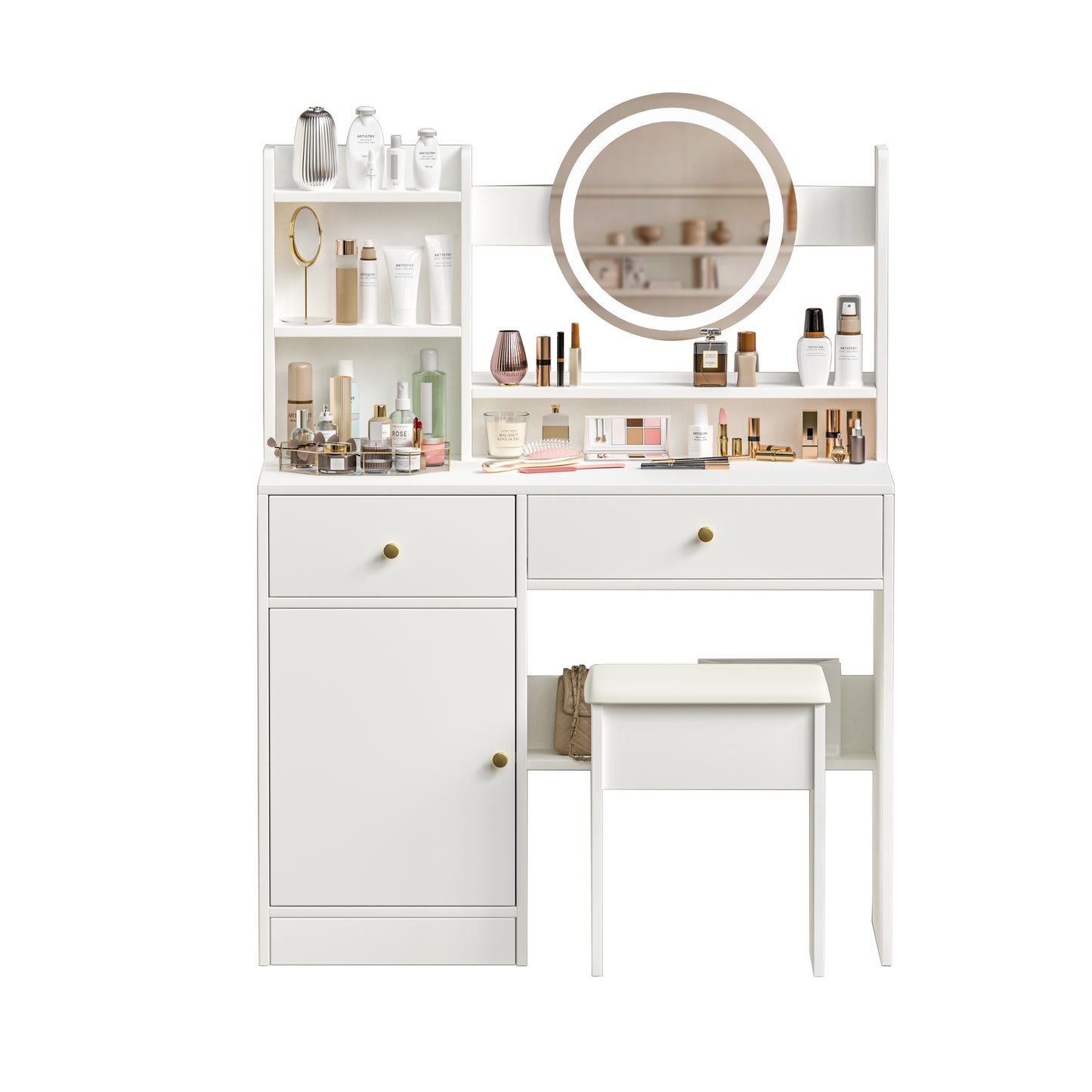 Vanity Set with LED Mirror and Adjustable Lighting, Cushioned Stool, 2 Drawers, Bedroom Vanity, White