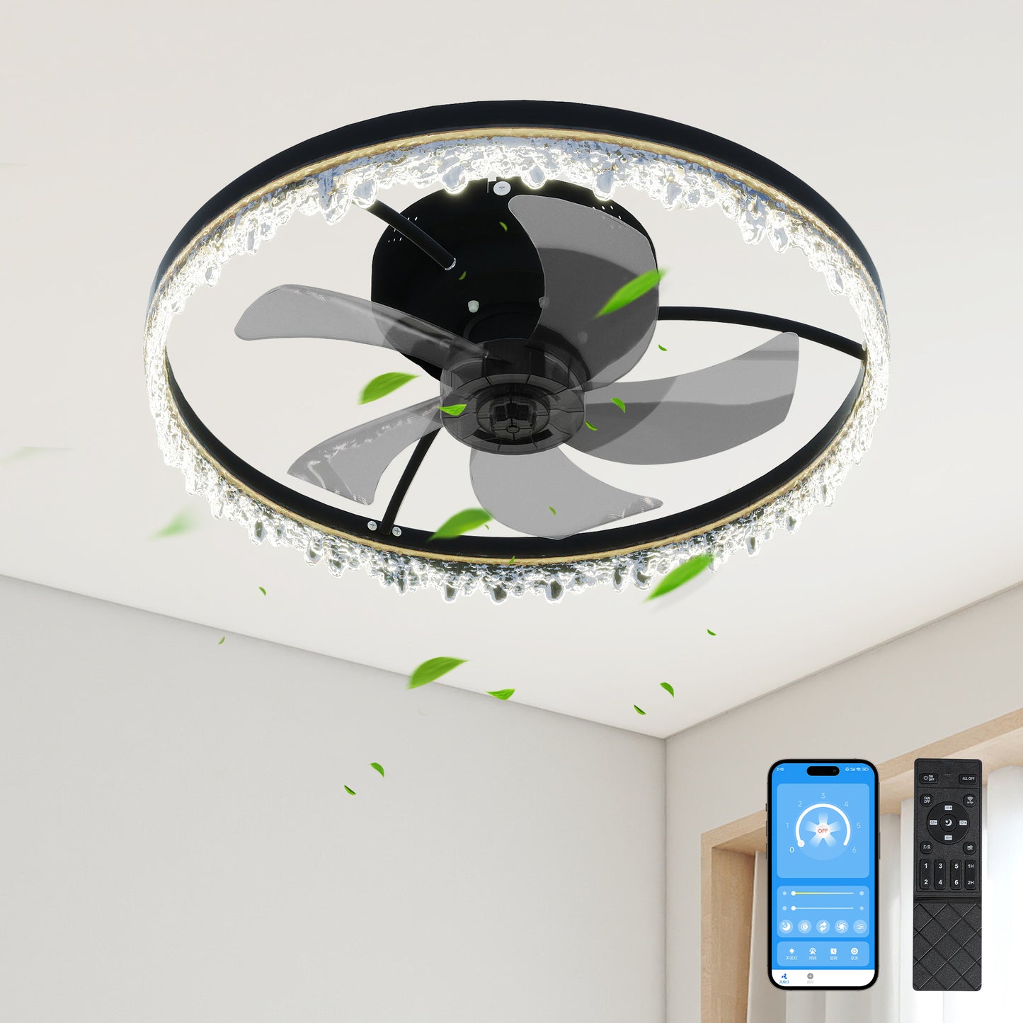 20-Inch Flush Mount Ceiling Fan with LED Chandelier, Remote, Timer, 5 Hidden Blades, Dimmable Light Black