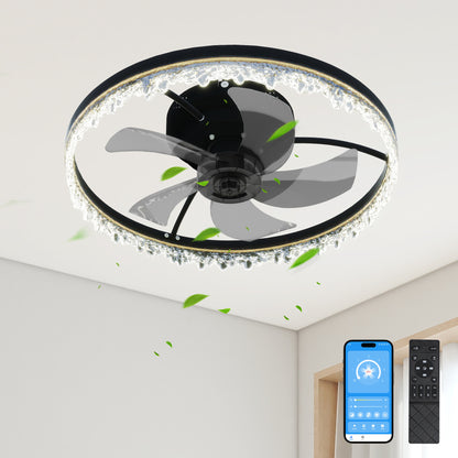 20-Inch Flush Mount Ceiling Fan with LED Chandelier, Remote, Timer, 5 Hidden Blades, Dimmable Light Black