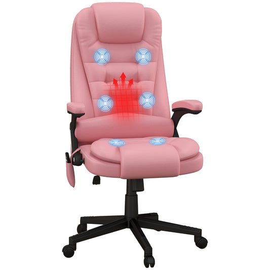 Pink High Back Massage Office Chair with Heated Recline and Remote Control - 6 Vibration Points, PU Leather