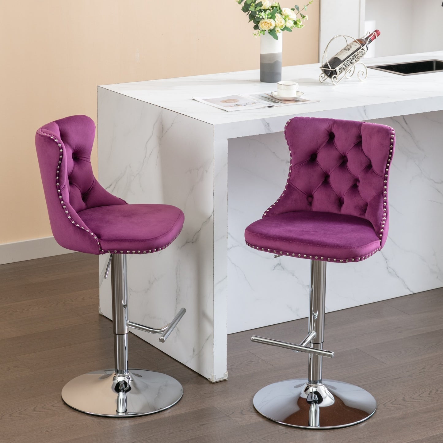 Purple Velvet Swivel Bar Stools Adjustable 25-33 Set Of 2