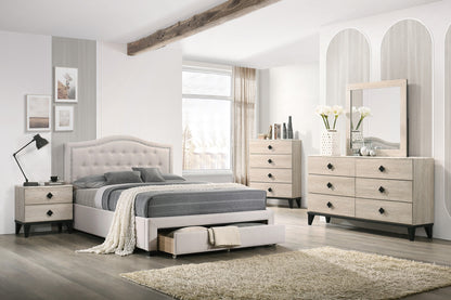 Elegant Light Brown Burlap Upholstered Queen Bed Frame with Storage Drawer & Button Tufted Arch Headboard