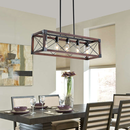 5-Light Farmhouse Chandelier for Kitchen Island; Iron & Wood; E26 Base; Adjustable; Red
