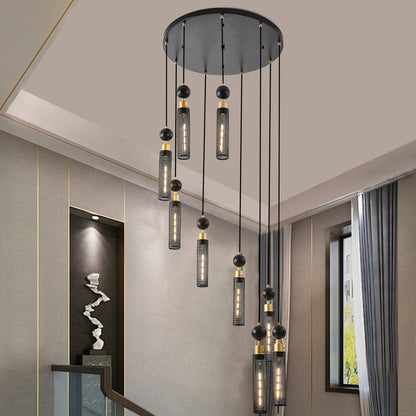 9-Light Pendant, Mesh Cylinder Shades, Adjustable Ceiling Light for Living Room or Dining - Black-Gold
