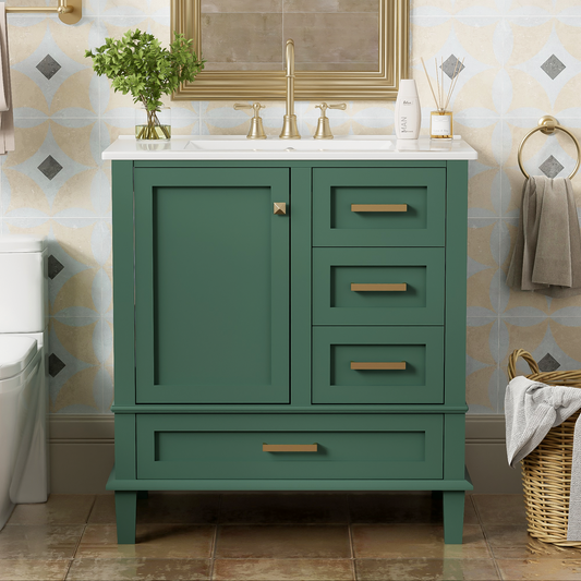 30" Stylish Green Bathroom Vanity with Soft-Close Doors and Sink Combo, Modern Cabinet Featuring 3 Spacious Drawers and Solid Wood Frame