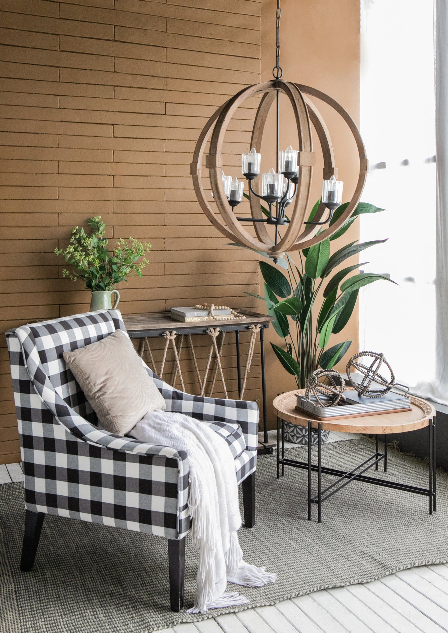 9-Light Globe Wood Chandelier with Adjustable Chain for Kitchen, Dining 31.5in Bulbs Not Included Brown