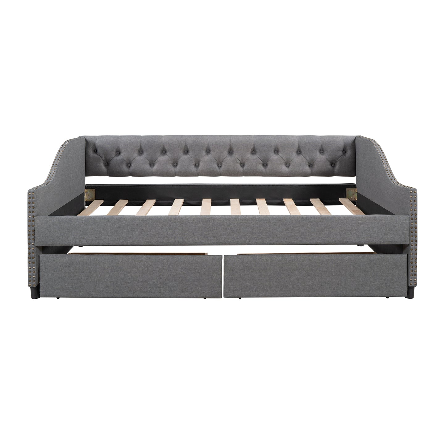 Elegant Gray Upholstered Full Size Daybed with Storage Drawers and Wood Slat Support