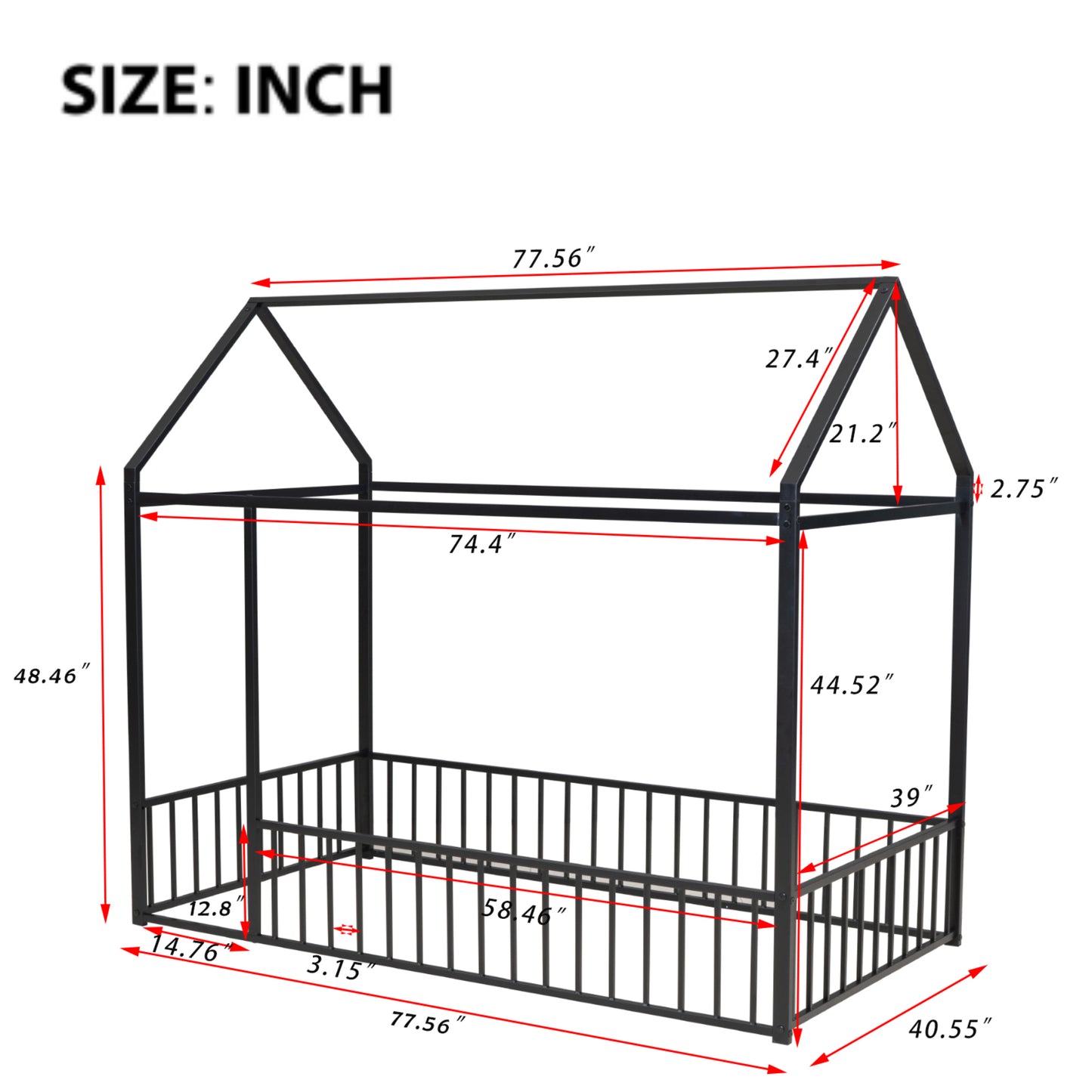 Twin Size Black Metal House Bed Frame with Playful Roof and Fence for Kids and Teens