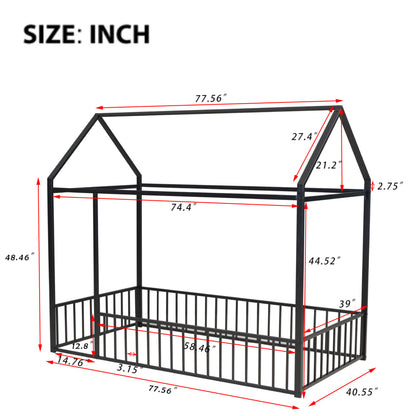Twin Size Black Metal House Bed Frame with Playful Roof and Fence for Kids and Teens