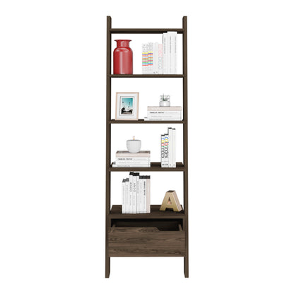 Dark Walnut Ladder Shelf with One Drawer and Five Spacious Open Shelves