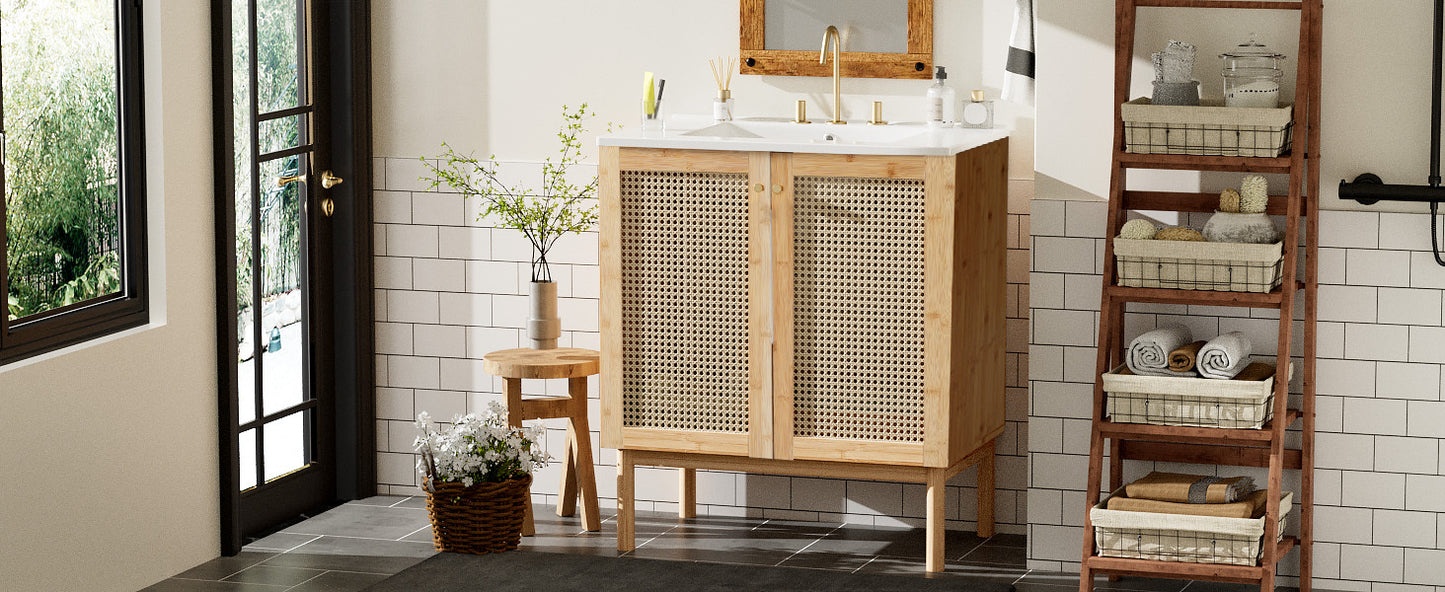 Elegant 30-Inch Natural Bamboo Bathroom Vanity with Artisanal Rattan Doors and Soft-Close Mechanism