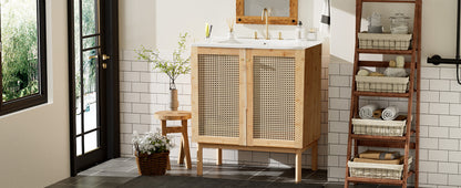 Elegant 30-Inch Natural Bamboo Bathroom Vanity with Artisanal Rattan Doors and Soft-Close Mechanism