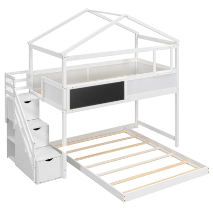 Whimsical Twin over Full House Bunk Bed with Storage Steps and Blackboard, White