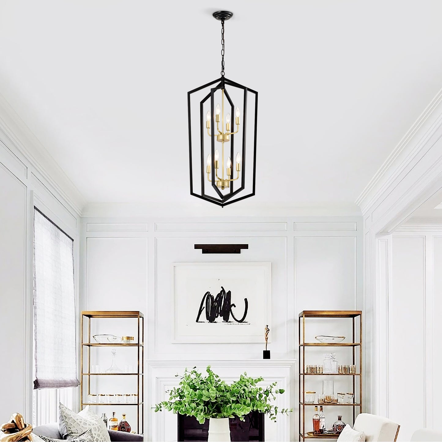 8-Light Lantern Farmhouse Pendant Chandelier for Kitchen Island & Dining, Metal E12 Sockets - Matte Black