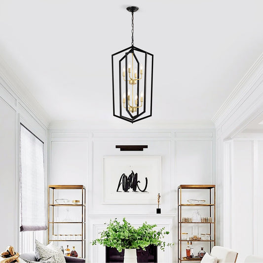 8-Light Lantern Farmhouse Pendant Chandelier for Kitchen Island & Dining, Metal E12 Sockets - Matte Black