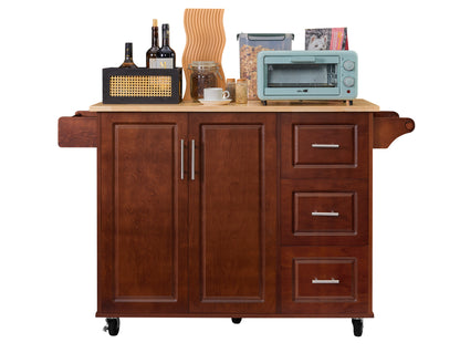 Rolling Kitchen Island Cart with Drop Leaf Tabletop and Storage, Retro Brown Barn Door Design on Wheels