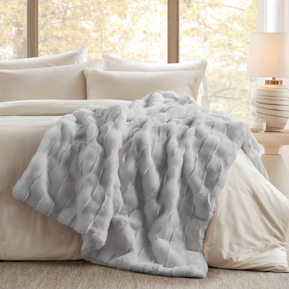 50x60in Faux Fur Throw - Basketweave Face, Crystal Velvet Reverse, Polyester Machine Washable Light Grey