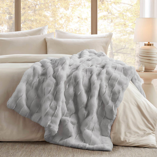 50x60in Faux Fur Throw - Basketweave Face, Crystal Velvet Reverse, Polyester Machine Washable Light Grey