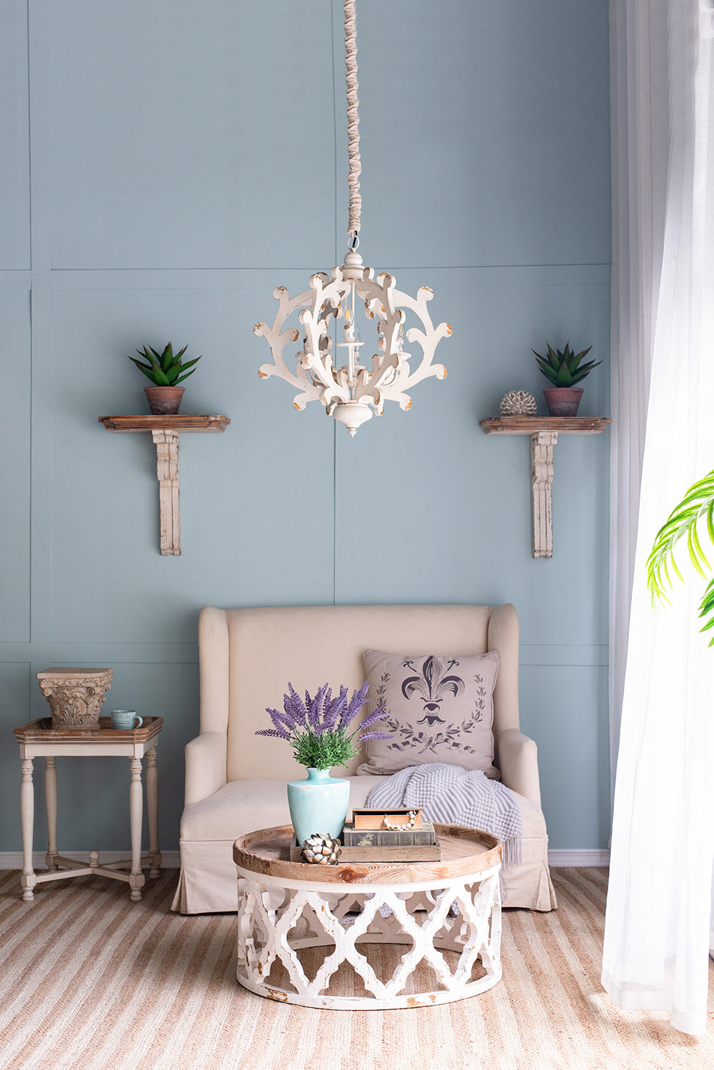 6-Light Wood Chandelier with Adjustable Chain for Kitchen and Dining - Bulbs Not Included Weathered White